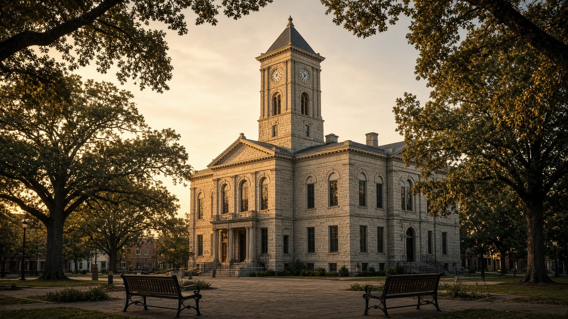 Historic Tennessee county courthouse at golden hour