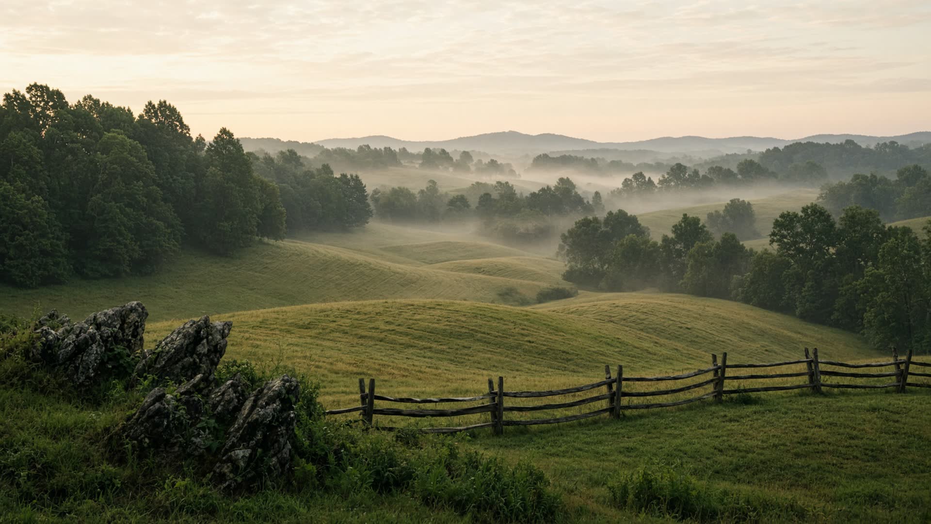 Rolling Middle Tennessee farmland at dawn
